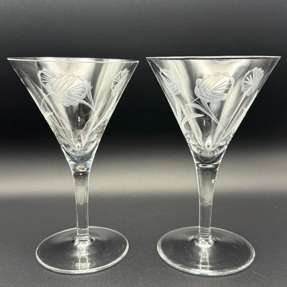 Vintage‎ Set 2 Etched Floral Martini Glasses Clear Glass Frosted Flower Stemware